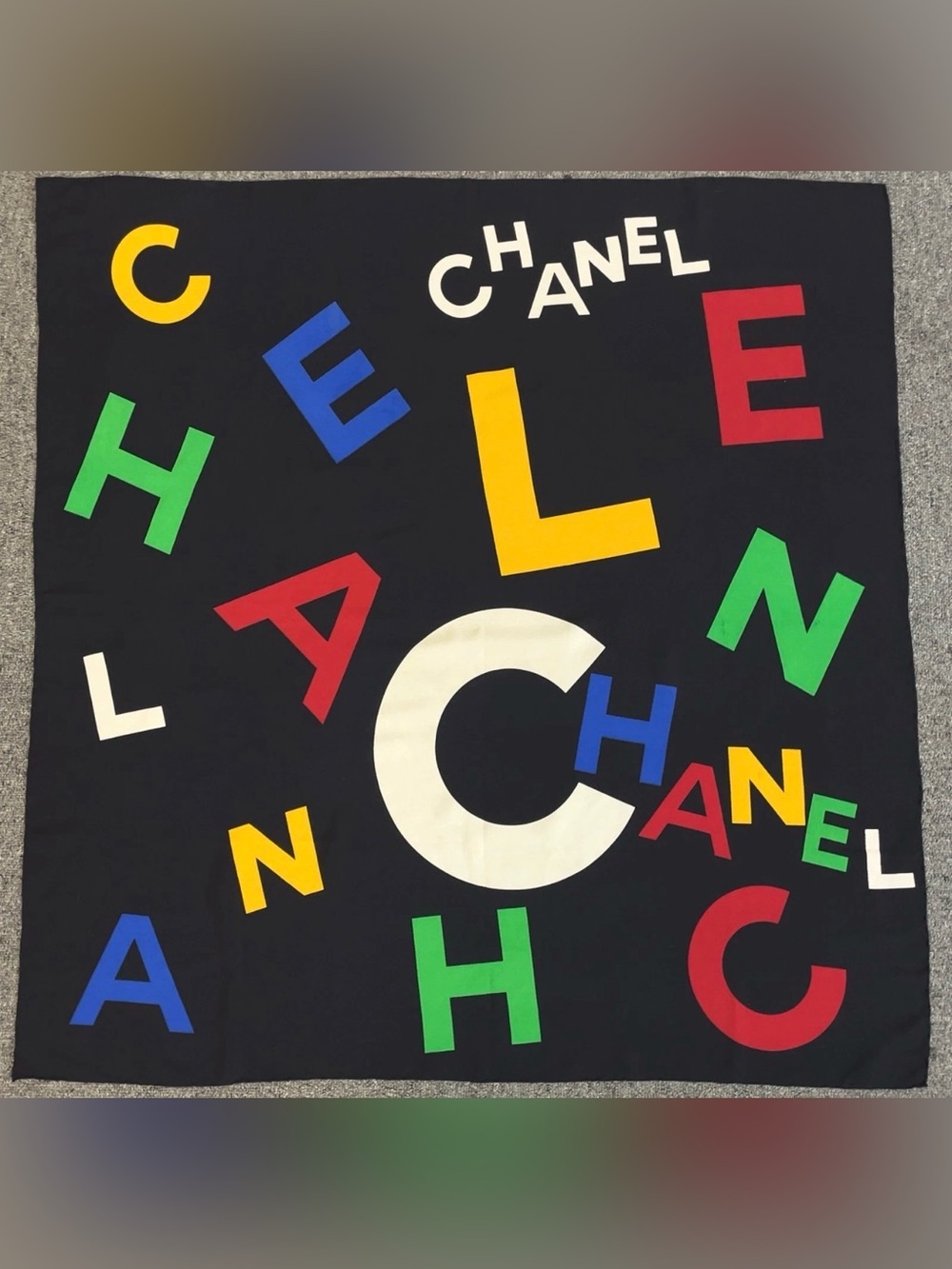Chanel Multicolor Logo 100% Silk Scarf on Black
